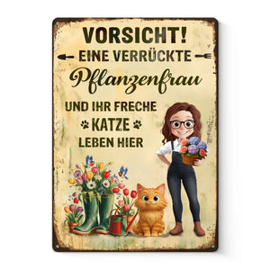 Personalisiertes Metallschild – Geschenk für Gärtner – Vorsicht, eine verrückte Pflanzenfrau