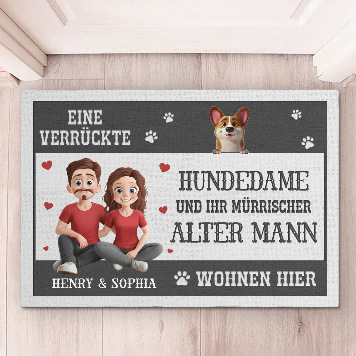 Personalisierte Deko-Matte – Perfektes Weihnachts- oder Geburtstagsgeschenk für Hundefans, Hunde-Mamas und -papas – Hundedame Und Ihr Mürrischer Alter Mann Wohnen Hier