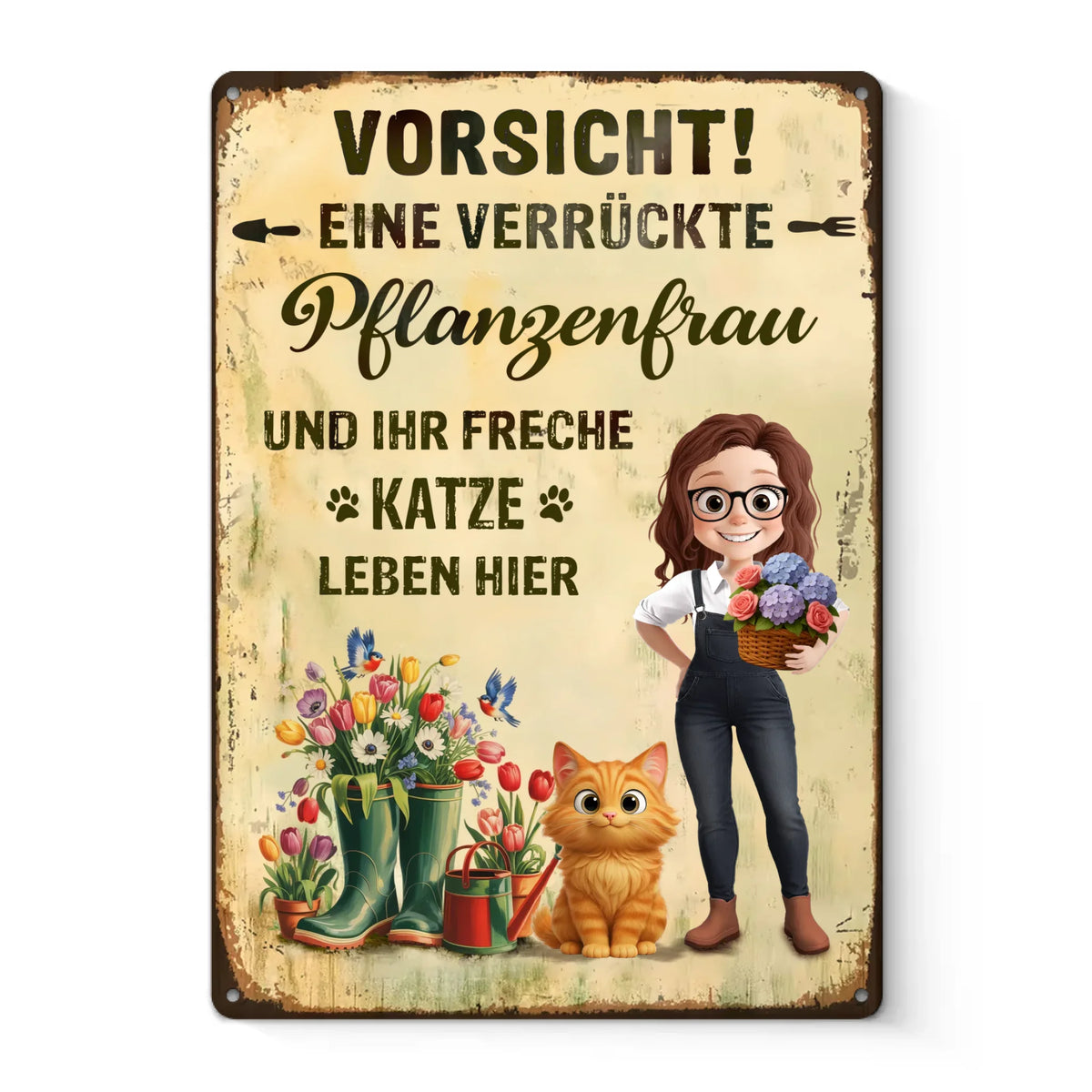 Personalisiertes Metallschild – Geschenk für Gärtner – Vorsicht, eine verrückte Pflanzenfrau